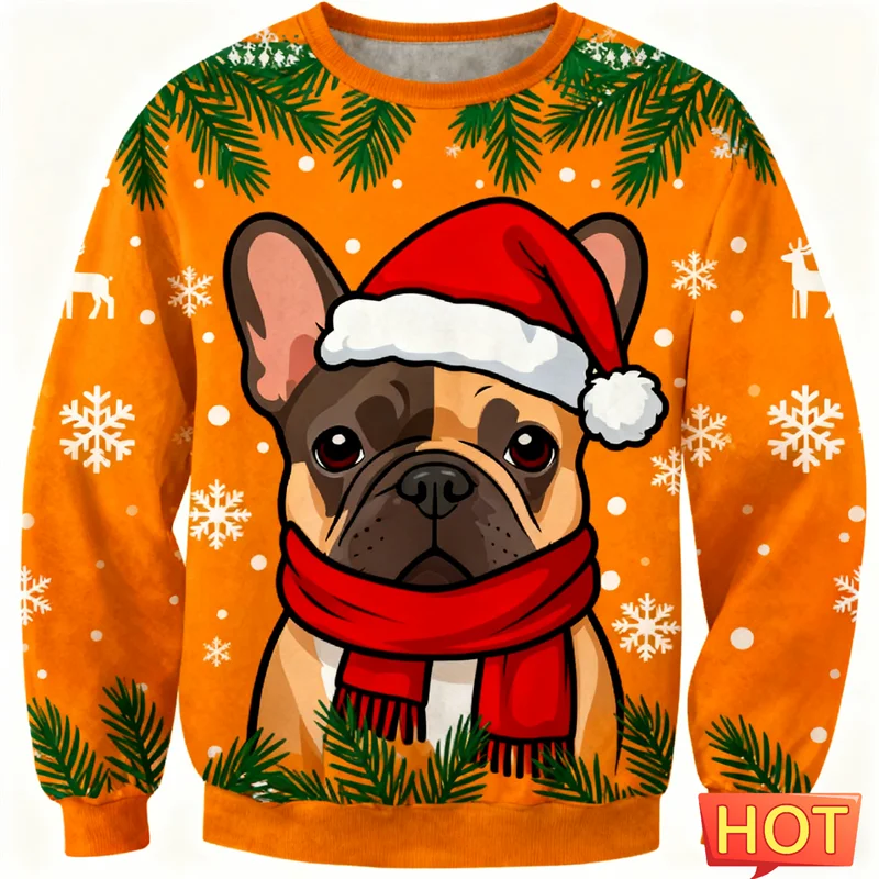 2026 جديد الفرنسية البلدغ الجرافيك القبيح عيد الميلاد سترة موضة لطيف الكلب ثلاثية الأبعاد مطبوعة عيد الميلاد بلوزات فضفاضة تنفس البلوفرات