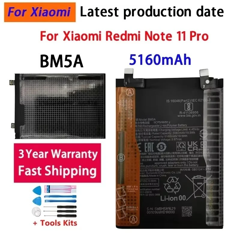 New High Quality BM5A Battery 5160mAh For Xiaomi MIUI Redmi Note11 Pro 11pro Phone Replacement Batteries Bateria Batterij+Tools