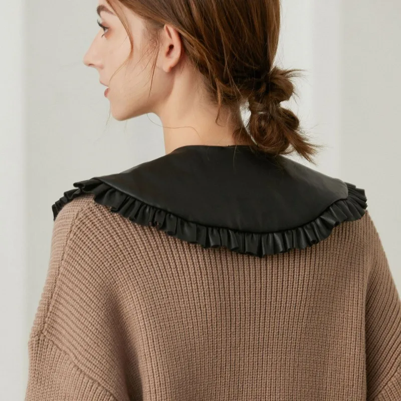 موضة الأسود بولي Leather الجلود وهمية طوق شال صغير لسترة الشتاء قميص قابل للإزالة انفصال طوق فو Cols الملحقات #3