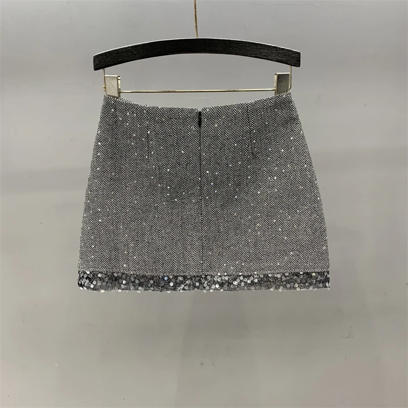 Sexy Grey Sequined Mini Skirt Sparkling Zipper High Waist Pocket A Line Wrap Hip Short Skirt Korean Fashion Casual All Match