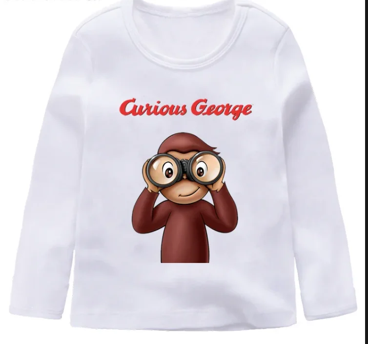 Cute Cartoon Curious George Design T Shirt Boys Girls New Casual Long Sleeve Tops Children\'s White T-Shirt,