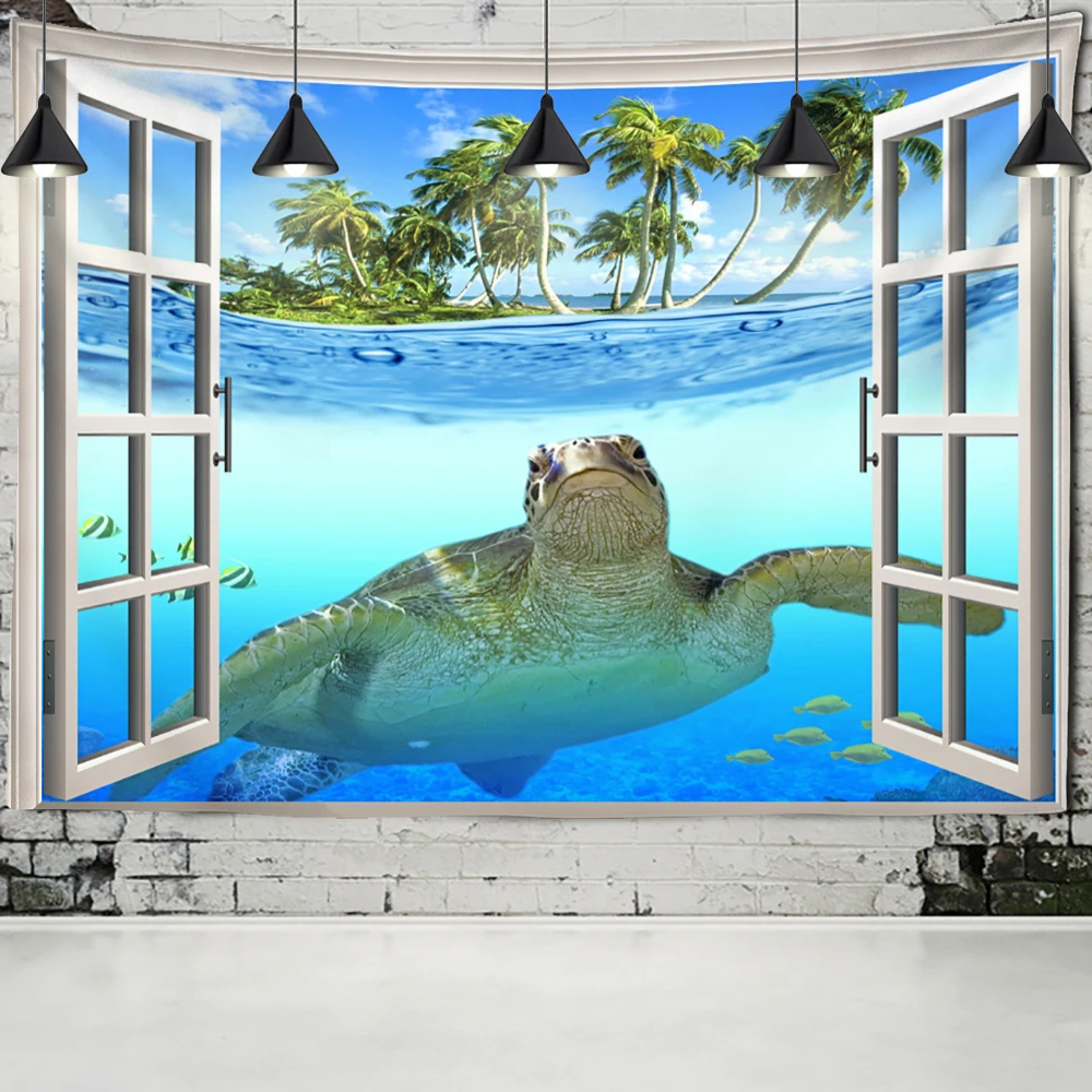 

Sea Turtle Window Landscape Tapestry Wall Hanging Bohemian Psychedelic Mystery Imitation Window Home Art Decor