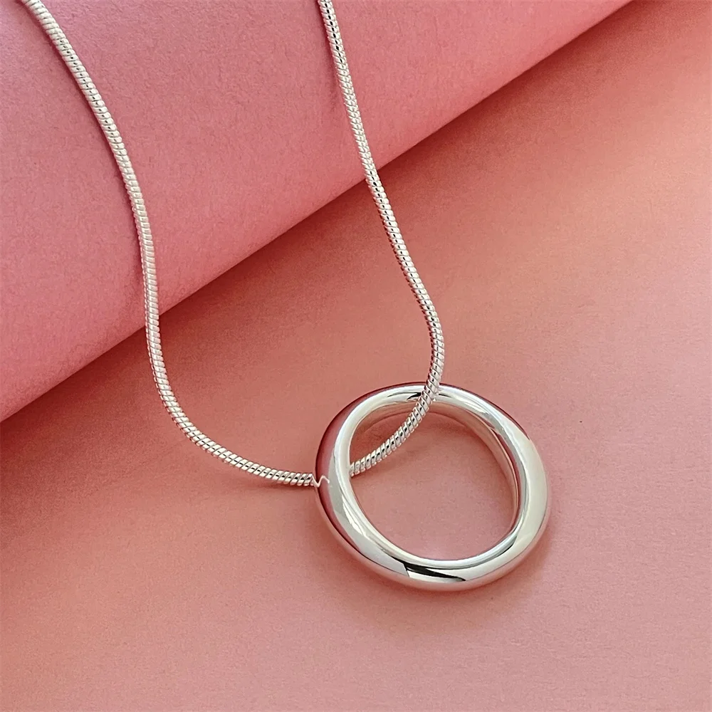 925 Sterling Silver Circle Pendant Necklace, Ladies Couple Simple Luxury Banquet Wedding Festival Birthday Jewelry Gift