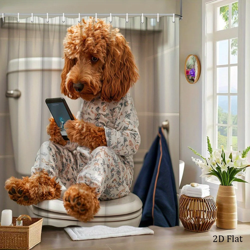 2D Flat, 2D Flat, 1pc a Poodle Wearing Pajamas Sitting on a Toilet Shower Curtain, Humorous And Adorable Bathroom Decoration, Fe