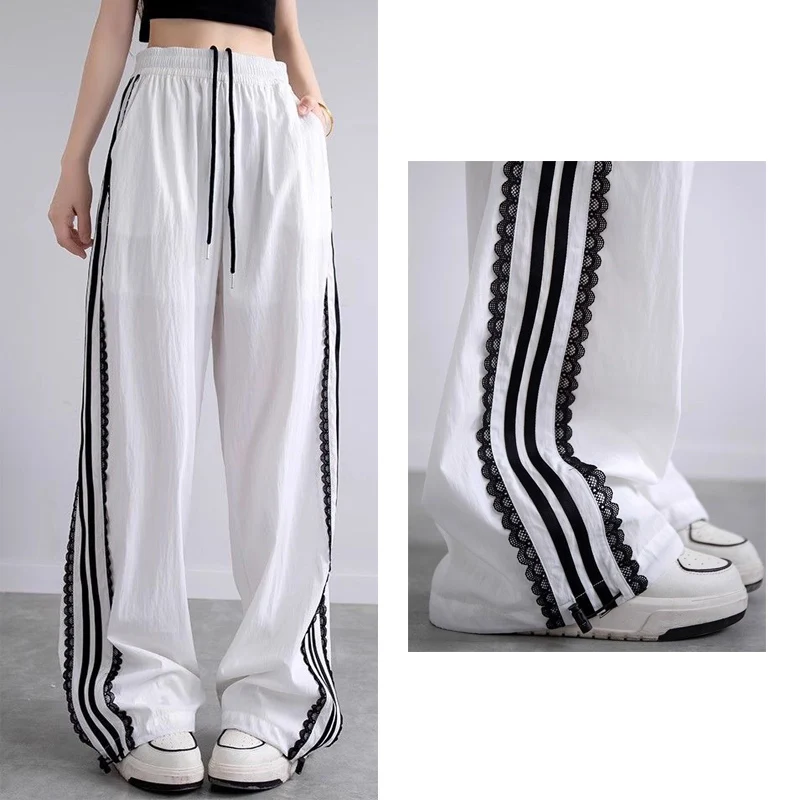 สาวเก๋ออกแบบกางเกงขาตรงเลดี้ถุงกางเกงแห้งเร็วหญิงลายเอวสูงกางเกงลําลอง