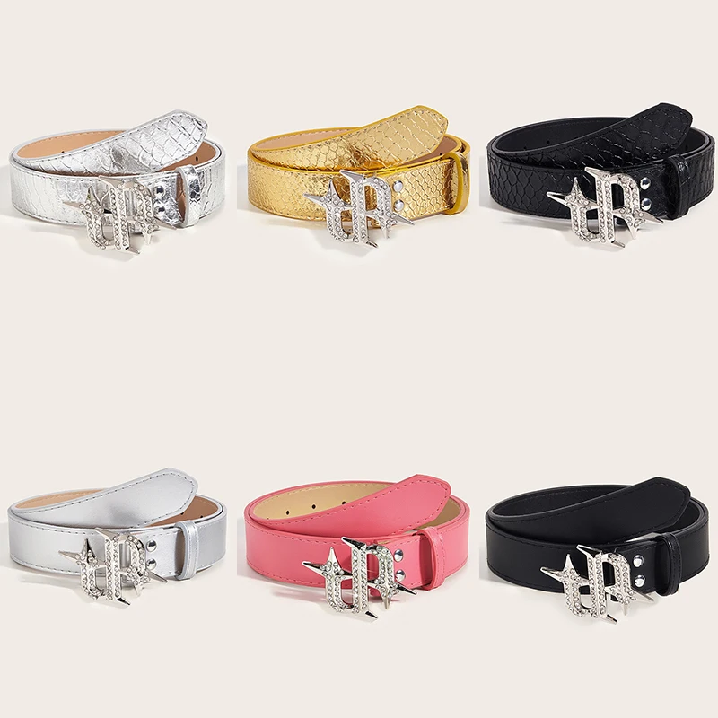 

Fashion Rhinestone Buckle Belt For Women Girls Personality Punk Buckle Waist Shiny Leather Waistband Clothing Accessories