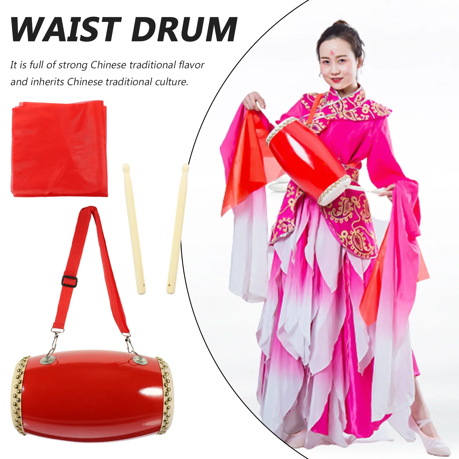 

1Set Durable Hand Drum Traditional Chinese Waist Drum Easy to Learn Portable Musical Instrument Supply for Adults and Kids