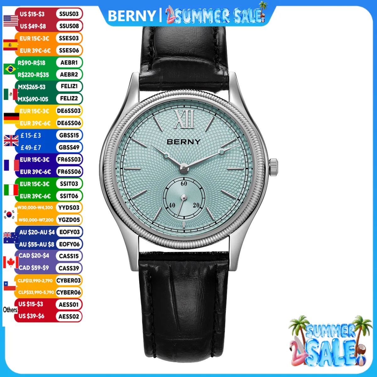 Montres pour hommes BERNY, montre à quartz élégante et classique, bracelet en cuir, montre-bracelet élégante et tendance