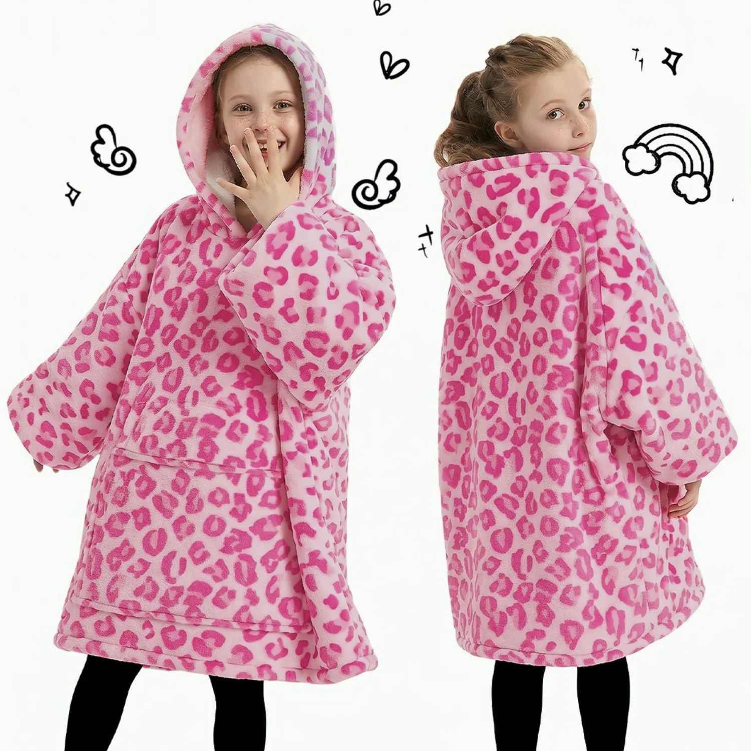 Children Wearable Hooded Blanket Soft Sherpa Fleece Flannel Sweatshirt for Kids Lazy Hoodie Blanket for Home Travel