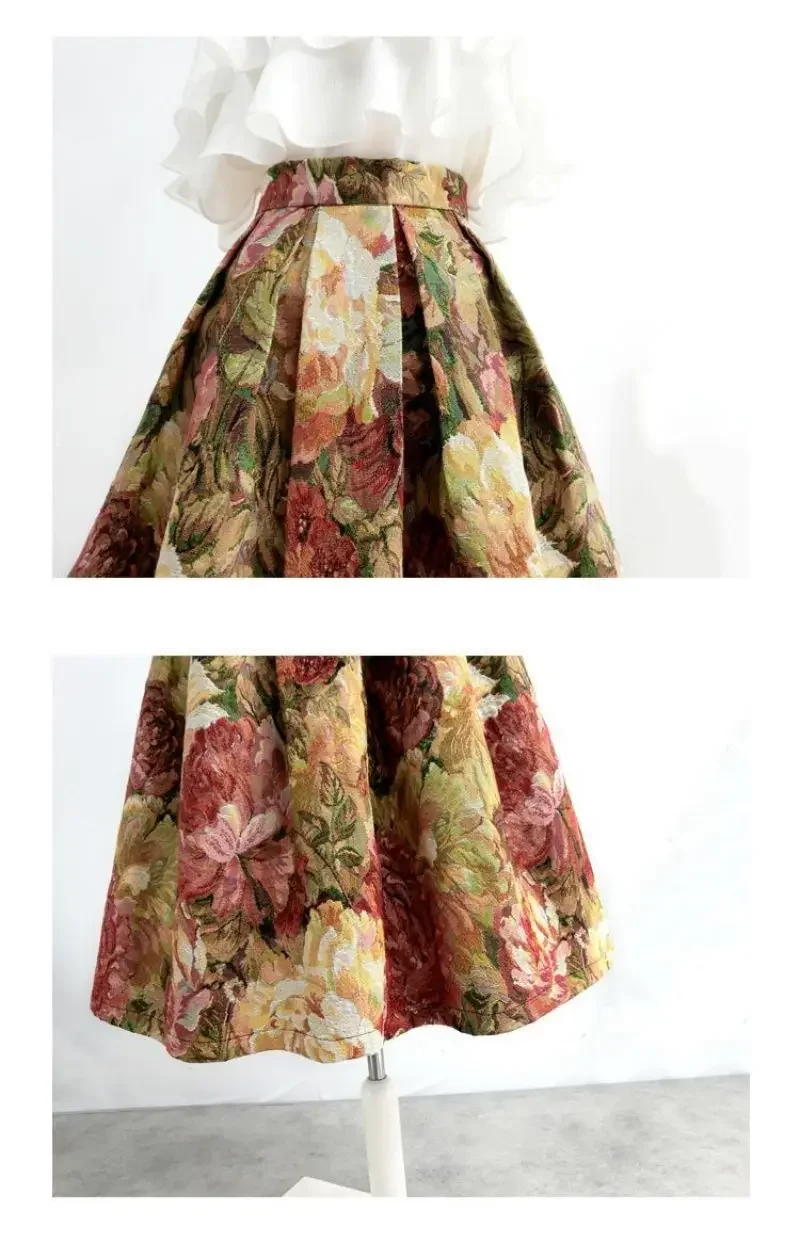 Französisch Malerei Floral Elegante Chic Hohe Taille Ballkleid Lose frauen Rock Knielangen Lange Röcke Für Frauen Kleidung mode – Detail 10