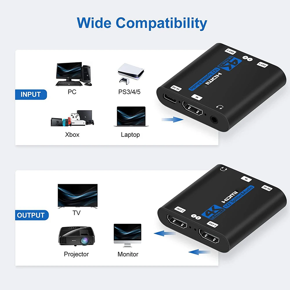 HDMI Splitter with audio extractor HDR 4K 30Hz HDMI 1.4 1X2 Splitter Distributor with 3.5mm Aux audio for PS5 Xbox Apple TV