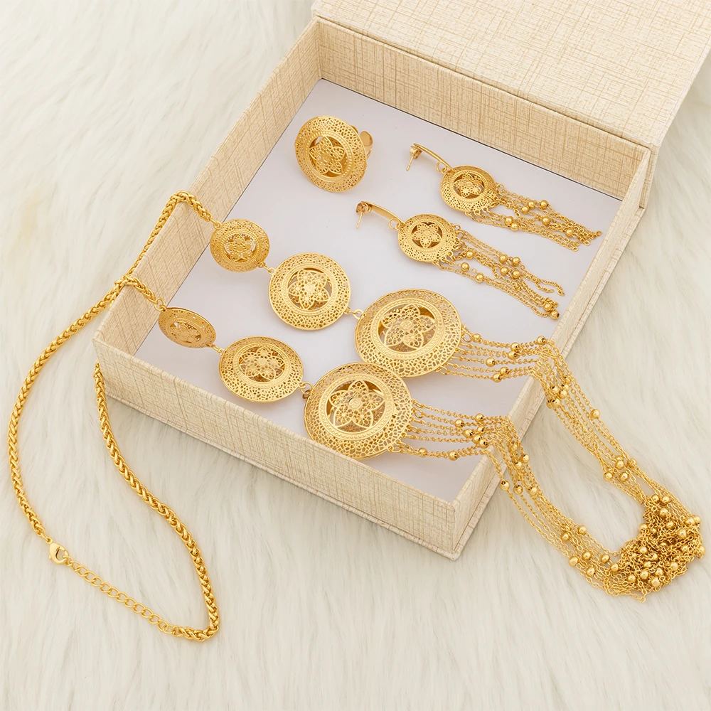 

YM 7 Layers Necklace Set with Gift Box For Women Trendy Jewelry Set Tassel Earrings African Maxi Collar Chain Adjustable Rings