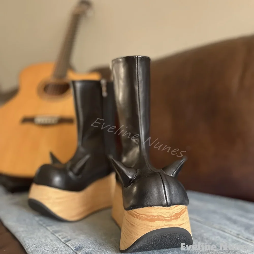 Wooden Wedges Mid Calf Boots Women Cow Horn Round Toe Leather Side Zipper High Top Novelty Catwalk Boots New Punk Modern Boots