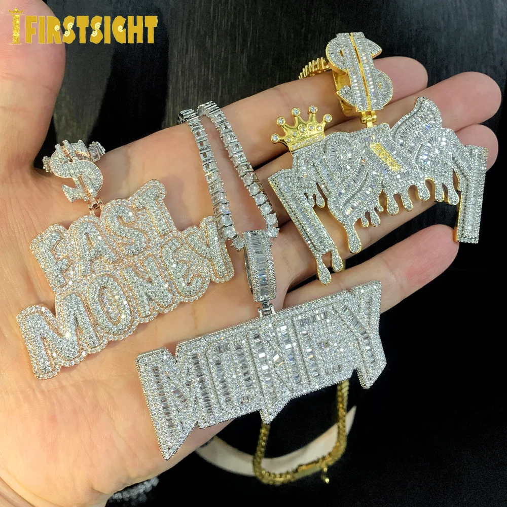 New Iced Out Bling Crown Letters Money Pendant Necklace Two Tone Color CZ Zircon Dollar Symbol Necklaces Men\'s Hip Hop Jewelry