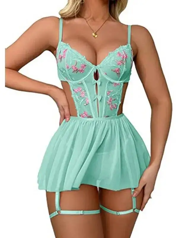 Sexy Solid Color Black Floral Lace Babydoll Dress For Women Sheer Mesh Chemise With Garter Straps Flower Embroidery Dress 19HG