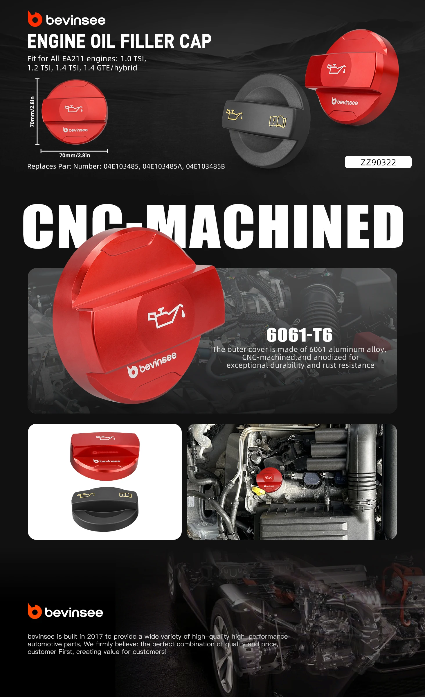 BEVINSEE EA211 Motoröl-Einfülldeckel für Audi A3 8V/8Y/8P A1 RS3 Q2, für VW Golf MK5/MK6/MK7/MK8, für Passat B8 – Detail 1