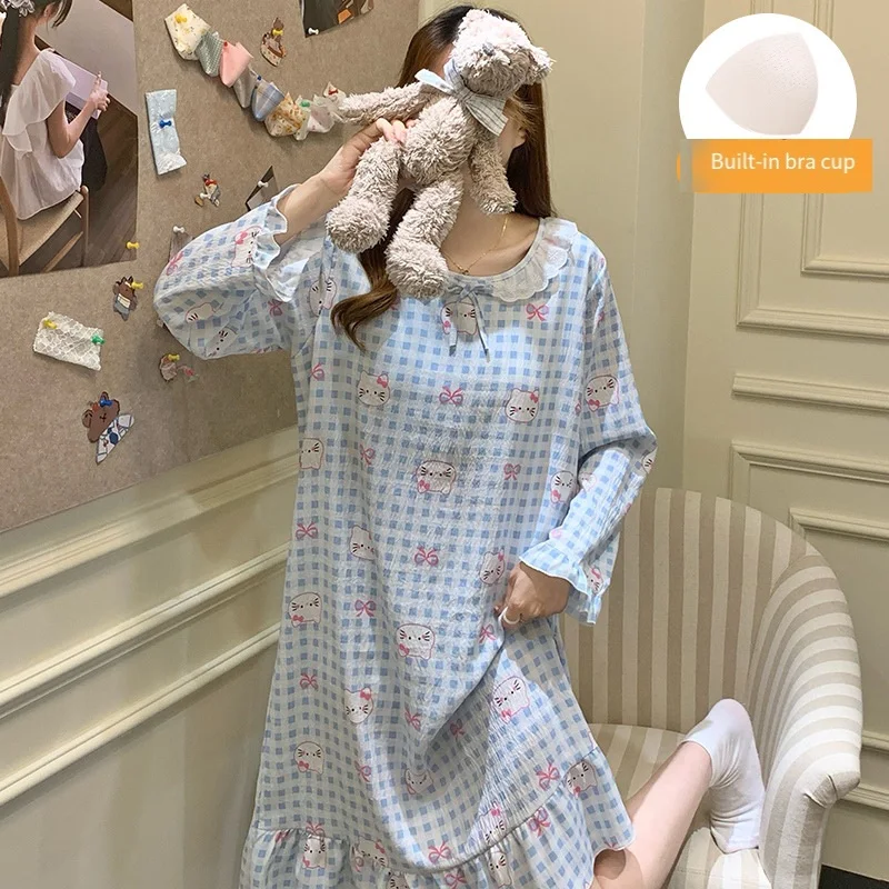 

Young Girl Sleeping Skirt Kawaii Cartoon Student Autumn Leisure Long Sleeve sleeping pajamas with A Breast Pad Homewear Dress