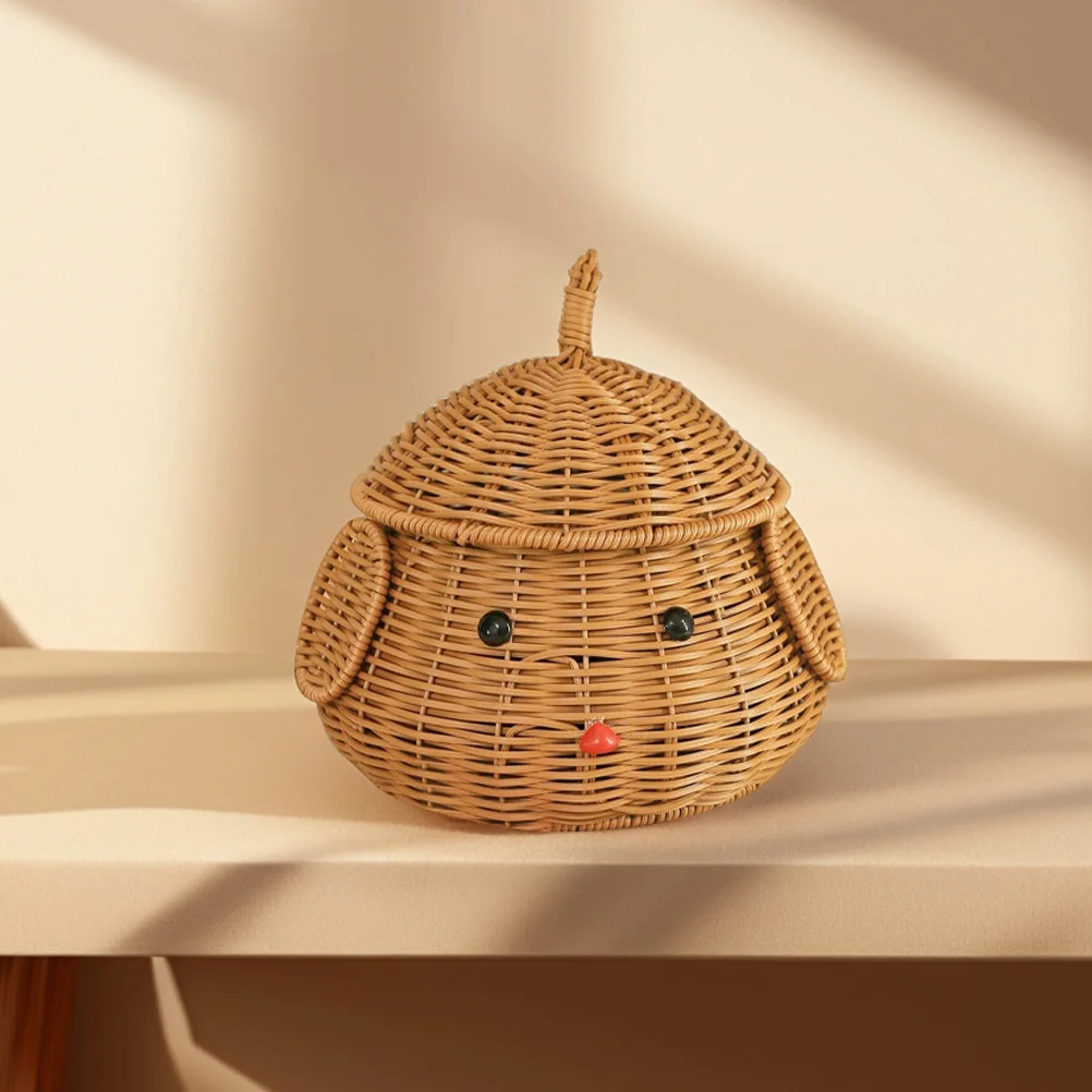 

Woven Desktop Storage Basket Dog Shape Handmade Large Capacity Lid Container Snack Fruit Holder Home Office Decorative Organizer