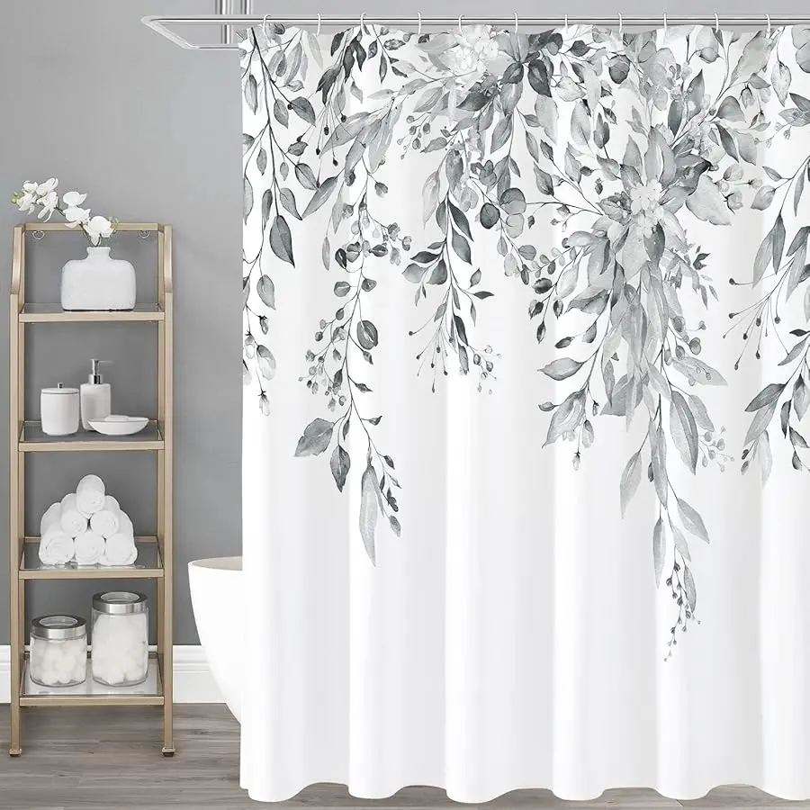 

Grey Eucalyptus Shower Curtain, Watercolor Plant Lea es with Floral Bathroom Shower Curtain Set with Hooks, Gray White, 72x72