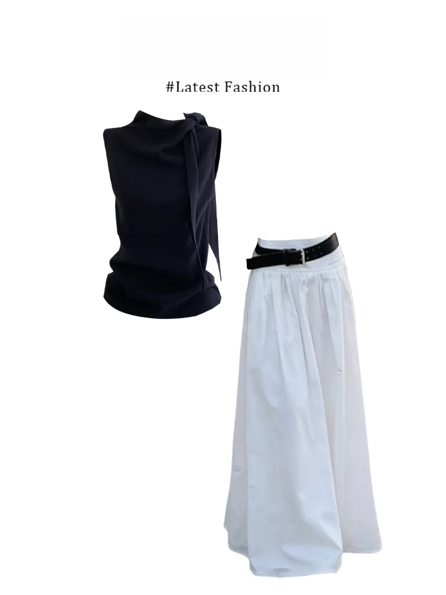 

Black Strapless Bandage Vest And Skirt Set Women's Fashionable Summer Outfit Casual Style Wet Dry Quick Dry Middle Waist Design