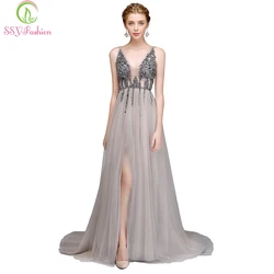 Clearance Customized   Luxury Evening Dress Sexy V-neck Backless Beading Tulle Long Prom Gown Party Formal Dresses Vestidos