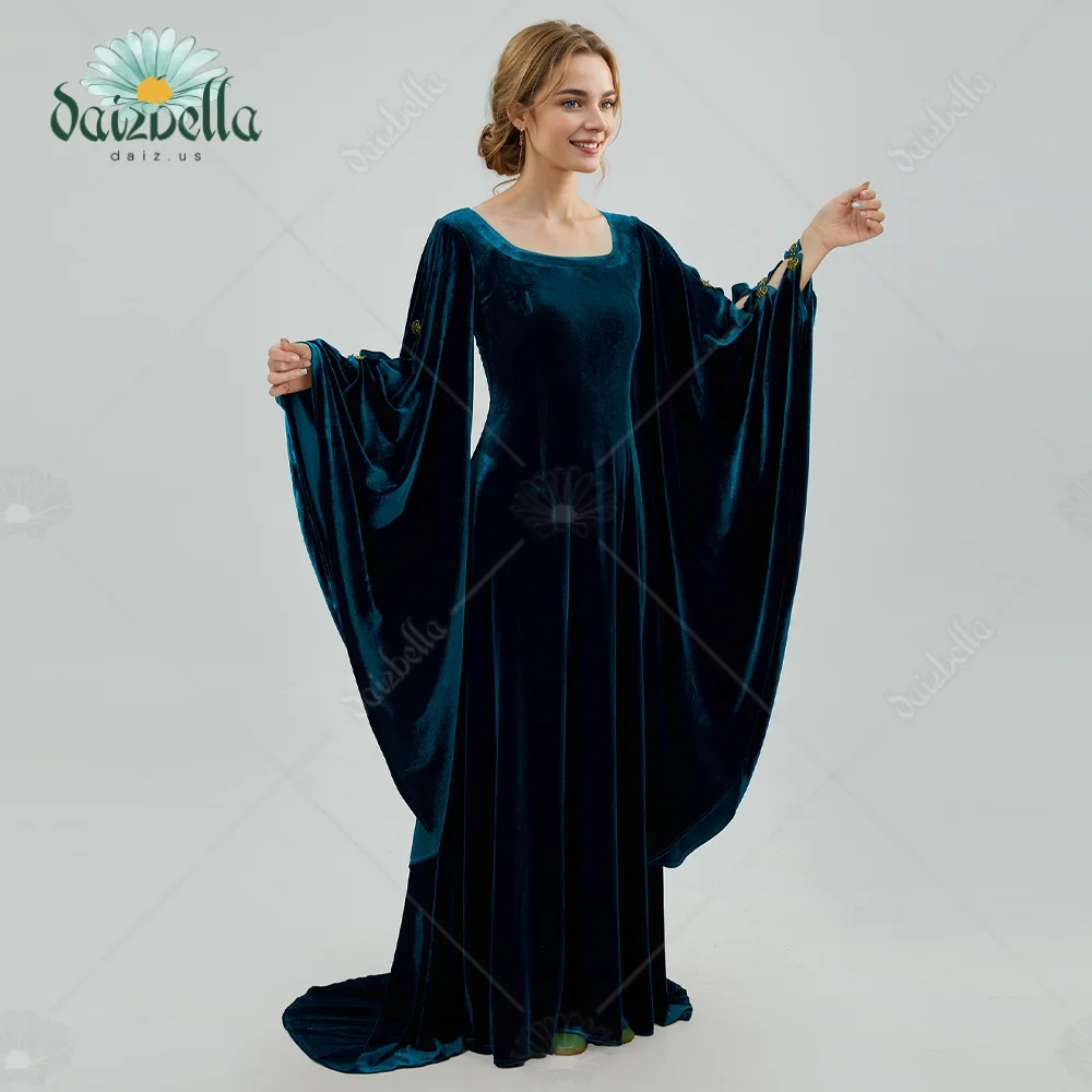 US Stock DAIZBELLA Women's Renaissance Dress Retro Velvet Gown Vintage Medieval Costume Historical Dress with Wide Sleeves view 2
