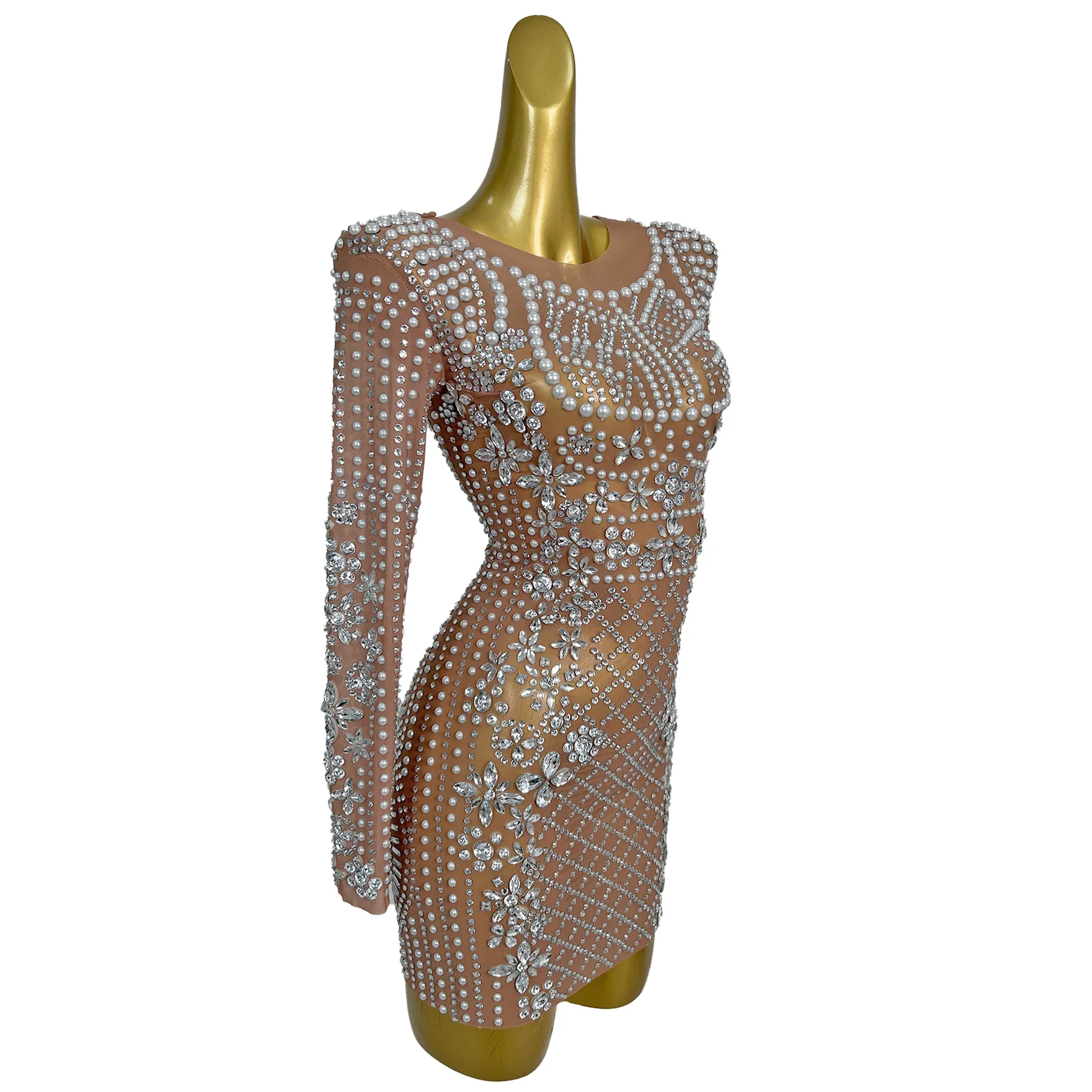 

Wanggezhenzhu Elegant Women Pearl Evening Dress Silver Rhinestone See Through Mesh Dress Long Sleeved Birthday Prom Gowns