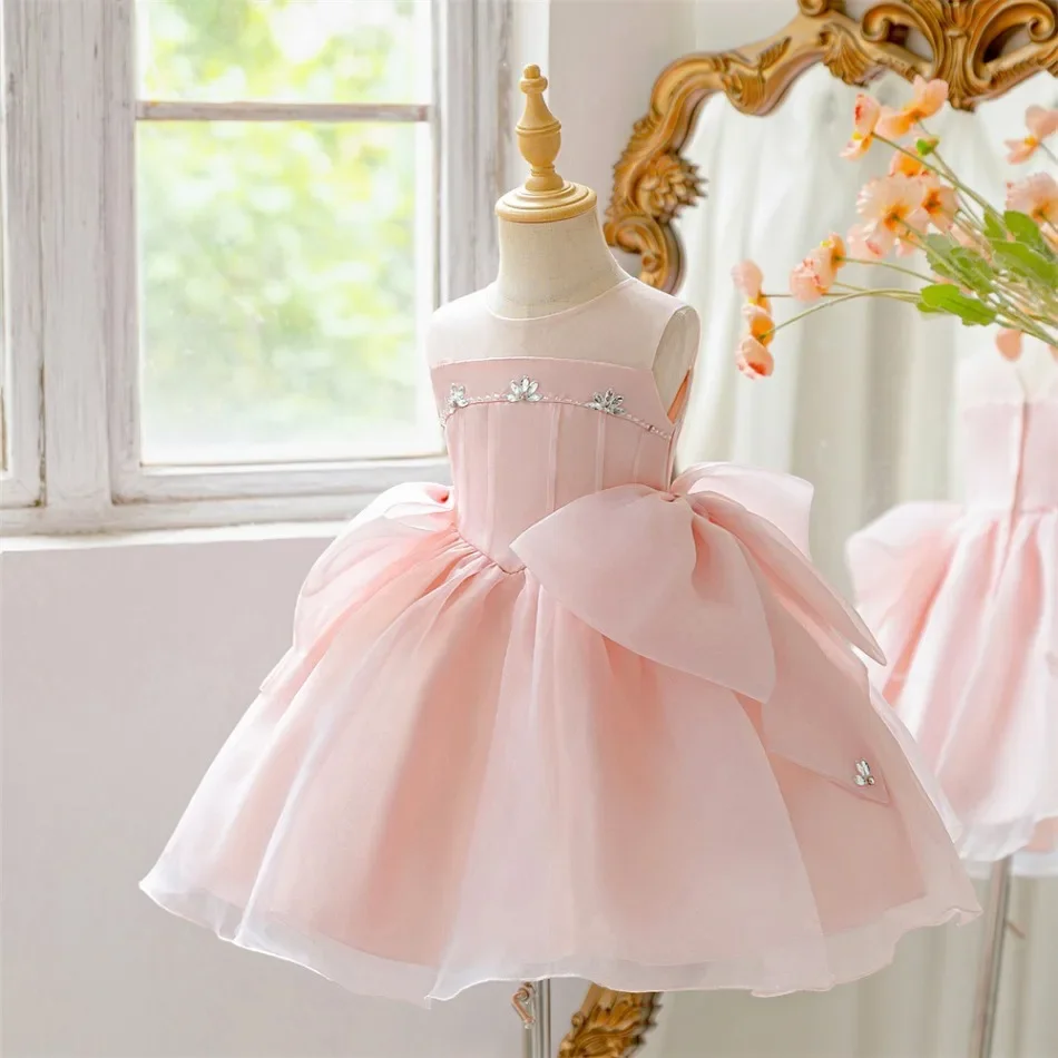 Gorgeous Girls Pink Tulle Short Formal Dress Rhinestone Big Bow Princess Birthday Holiday Banquet Photoshoot Party Gown ASQ03