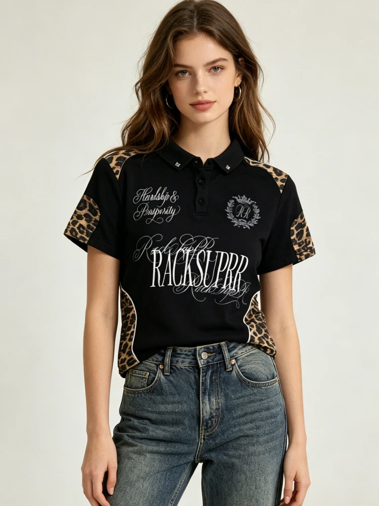 2026 Nouveau Été Rétro Punk Léopard Motif Épissage Polo, Lettre Gothique Imprimé À Manches Courtes Col, Rue À La Mode Décontract