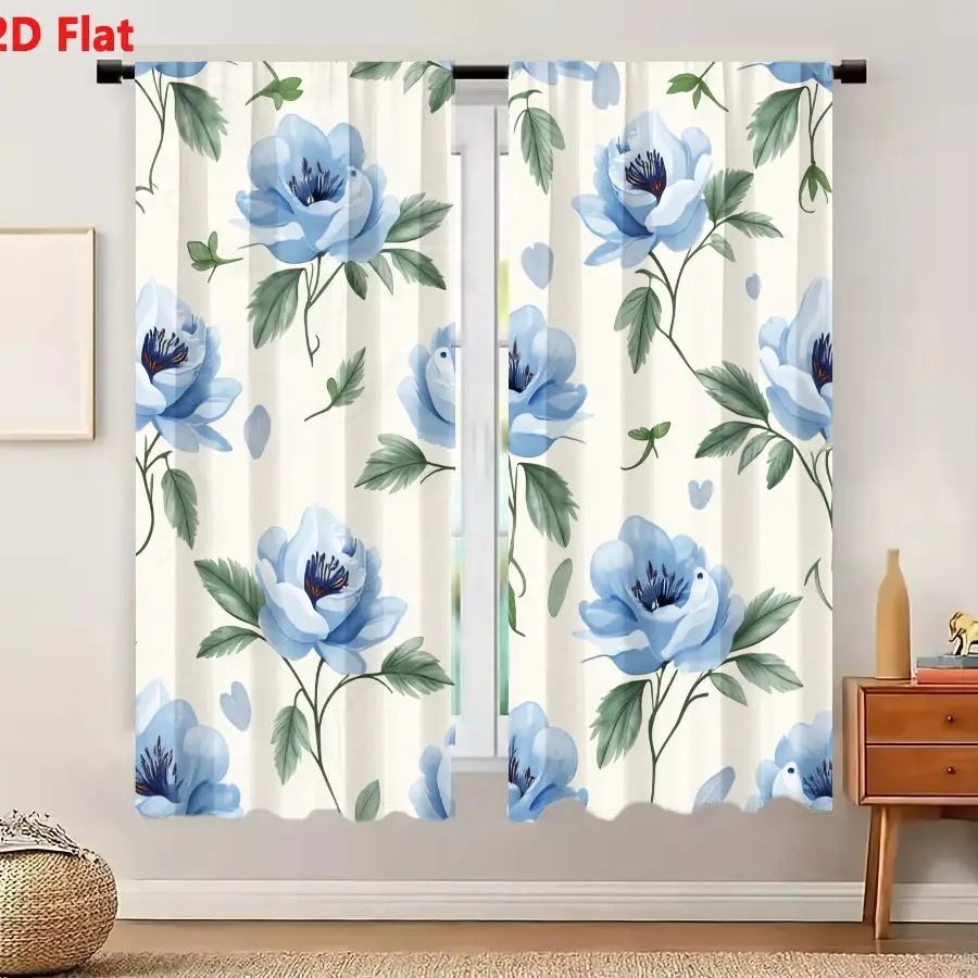 2Pcs Curtains 2D Flat Seamless Floral Pattern With Light Blue Poppies On Cream Background Window Drapes for Bedroom Room Decor D