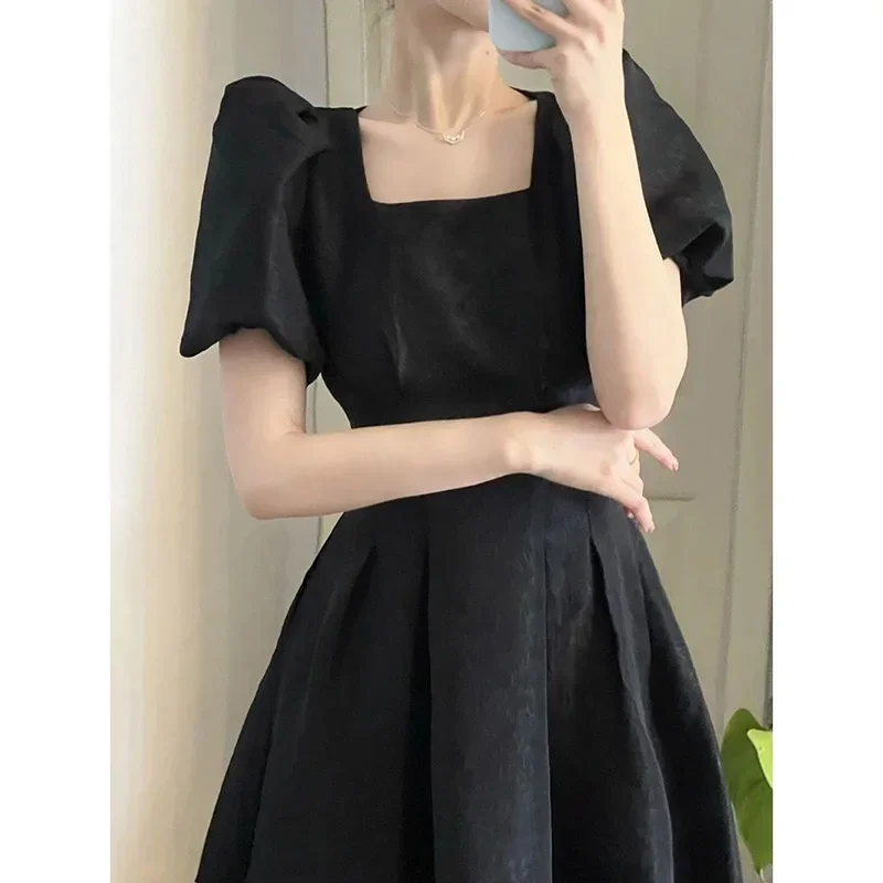 

Korean Puff Sleeve Dress - Elegant Square Neck Slim Fit Skirt, Women's White & Black Draped Party Dress for Sweet Style