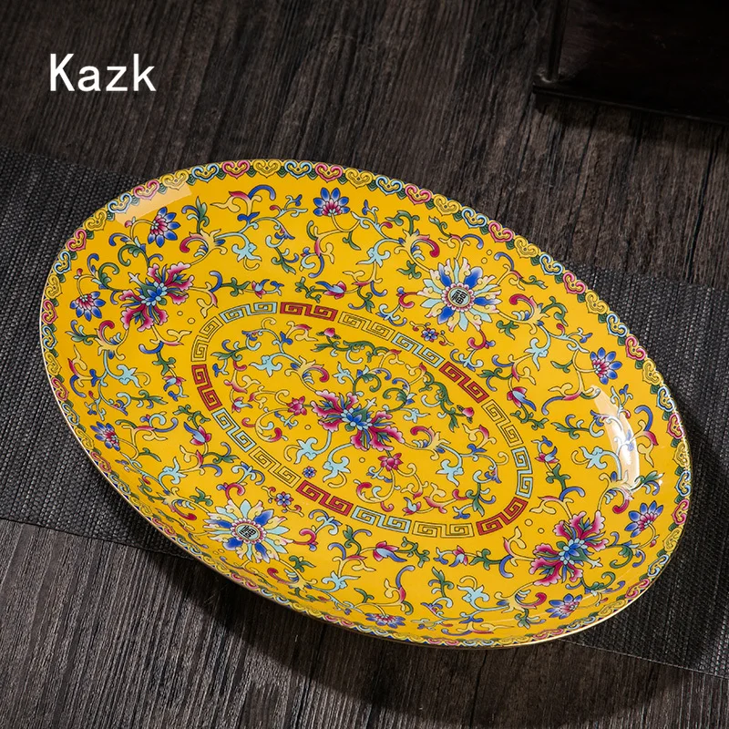 Golden Side Palace Relief Ceramic Plate Chinese Style Enamel Color Bone China Large Fish Plate Tableware Dishes Antique Plate