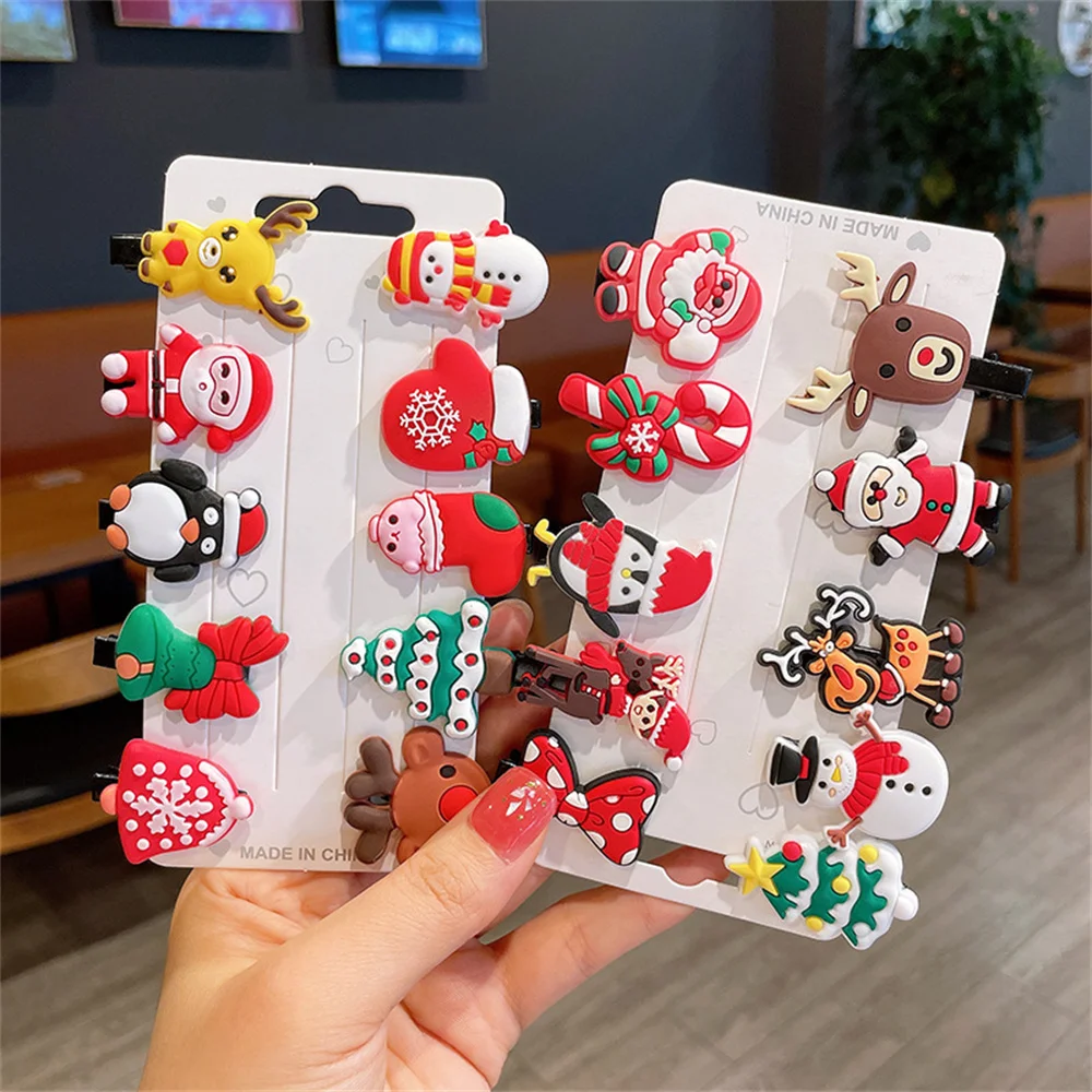 10Pcs/Set Cartoon Christmas Hair Clips Girls Kids Gift Hairpins Christmas Party Decoration Santa Xmas Accessories New Year Gifts