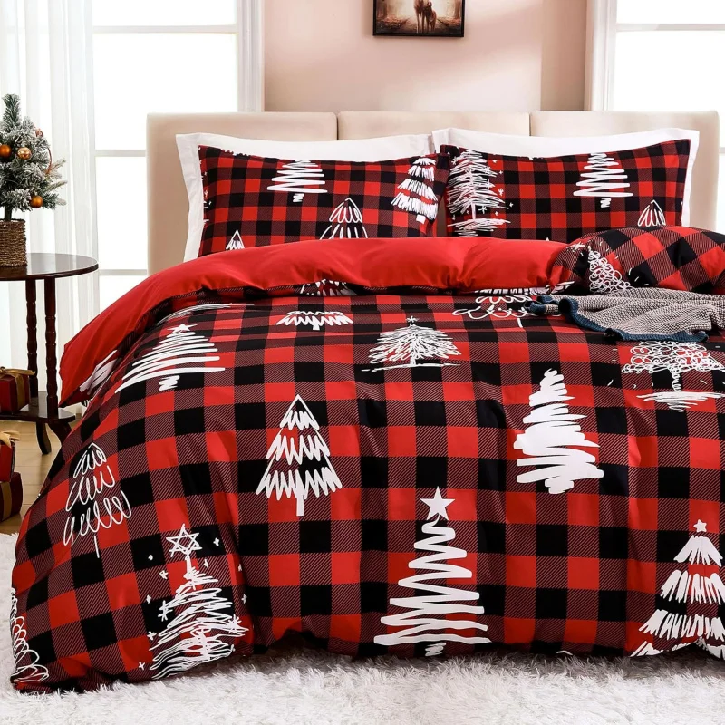 

Dopay red checkered Christmas duvet set with large printed bedding (1 duvet cover and 2 pillowcases, no duvet)