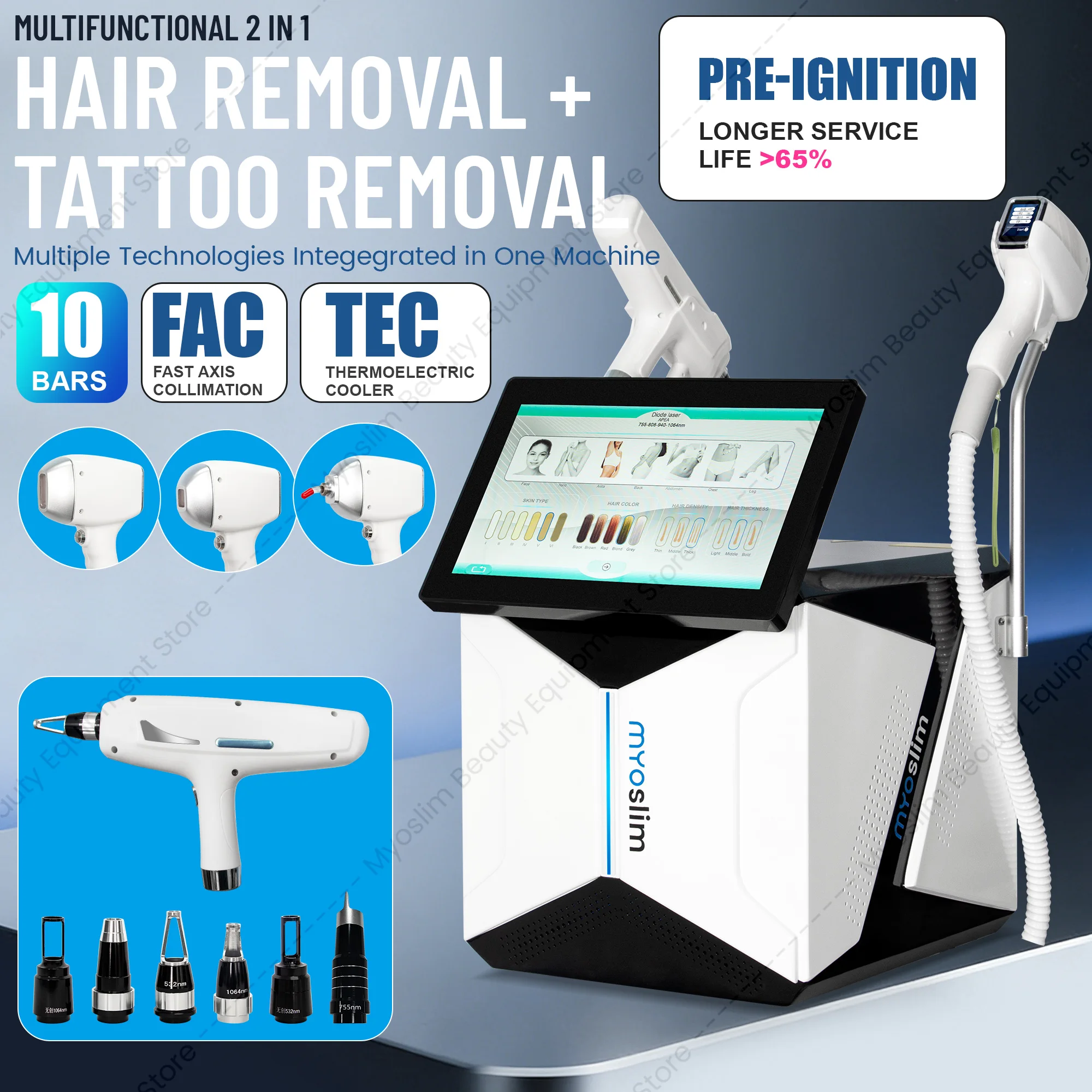 Multi-function 2 In One Diode Laser Hair Removal Picosecond Laser Tattoo Freckle Eyebrow Washing Machine 10 Bars TEC Cooling Ski
