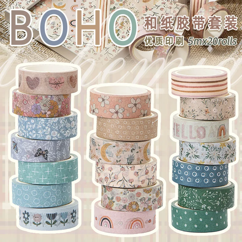 

Bohemian Aesthetic Washi Tape Mixed Flower Butterfly Polka Dot Multiple Patterns DIY Scrapbook Decorative Roll Stickers