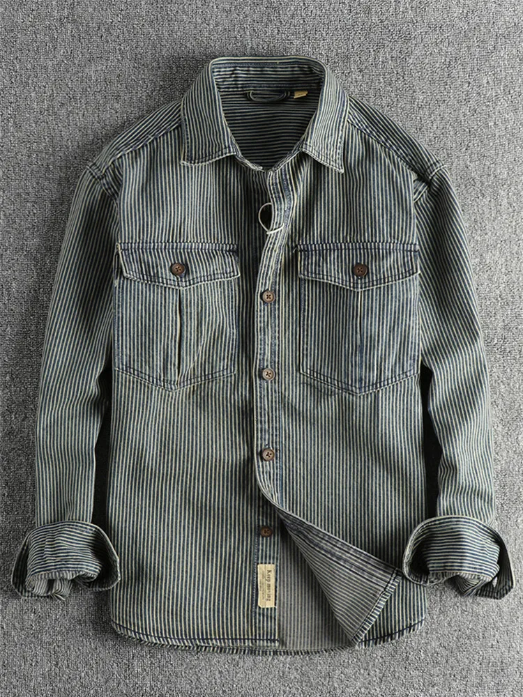 Autumn New American Retro Long Sleeved Lapel Denim Striped Cargo Shirt Men\'s Simple 100% Cotton Washed Old Casual Blouses Coat