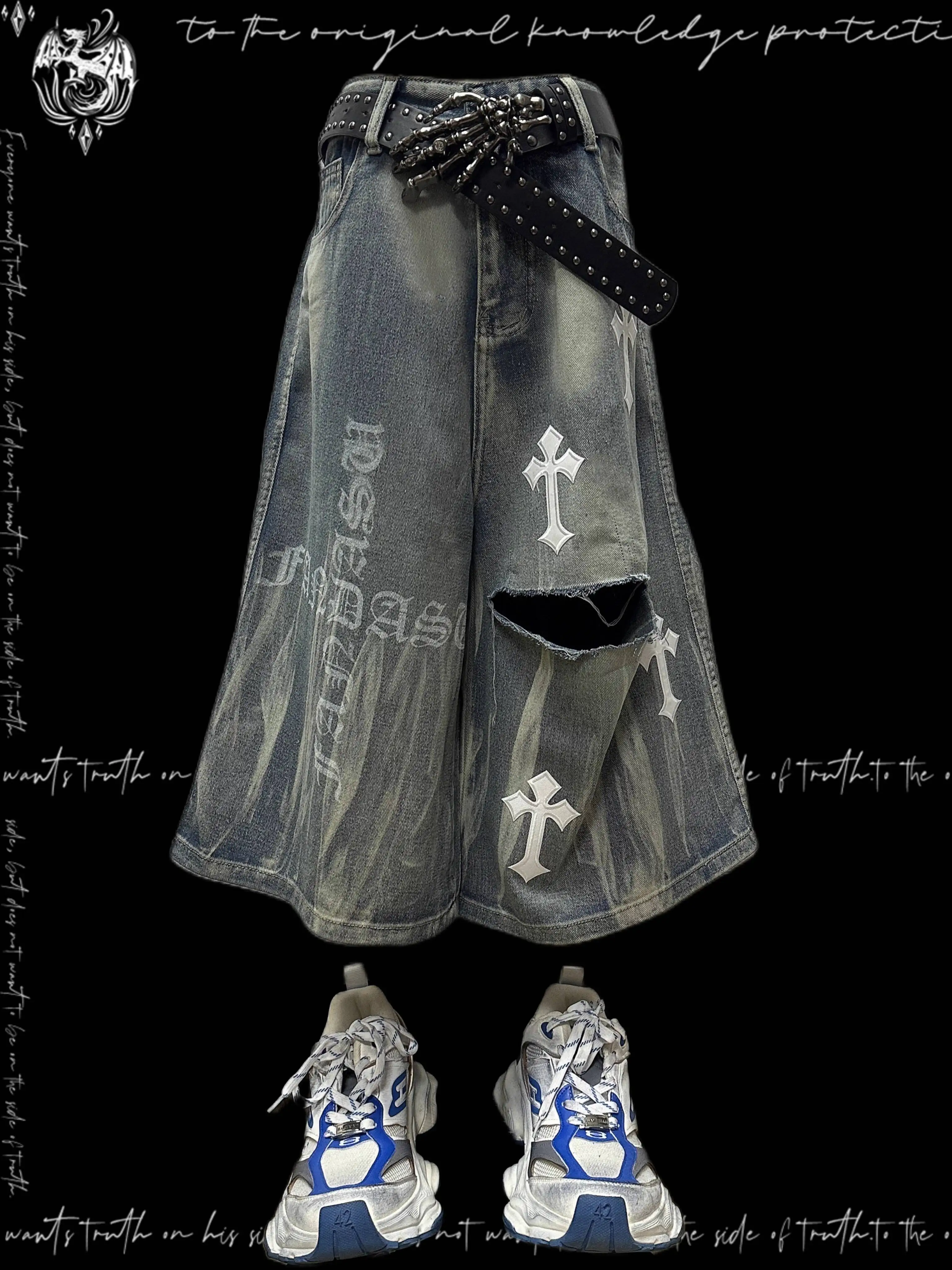 Gothic Punk Jeans Sommer Mid Hosen Breite Bein Jeans Unisex Y2K Street Gothic Brief Kreuz Lose Neutral Hosen