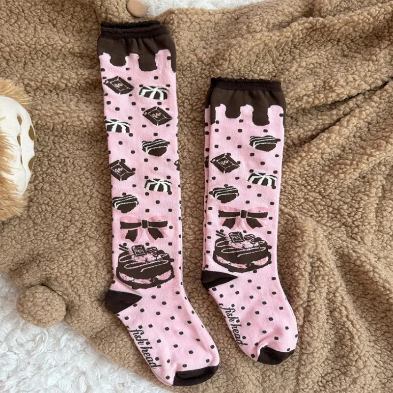Oryginalne skarpetki do połowy łydki Qiaoqiao Cake, skarpetki bawełniane z motywem ciasteczka czekoladowego, skarpetki LOLITA z koronką, skarpetki damskie do połowy łydki