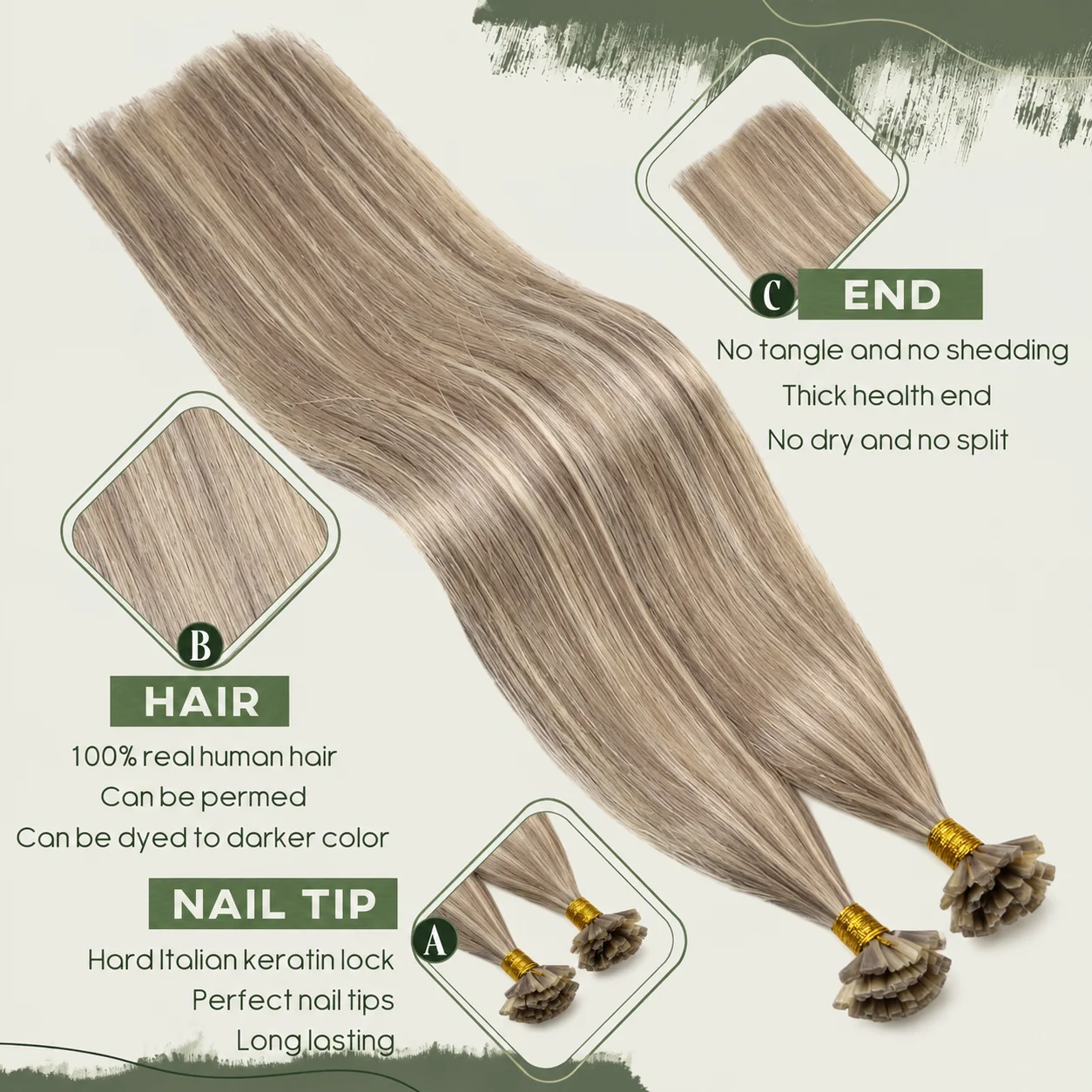 Ugeat Keratin Hair Extensions Human Hair Fushion Remy Hair 14-22