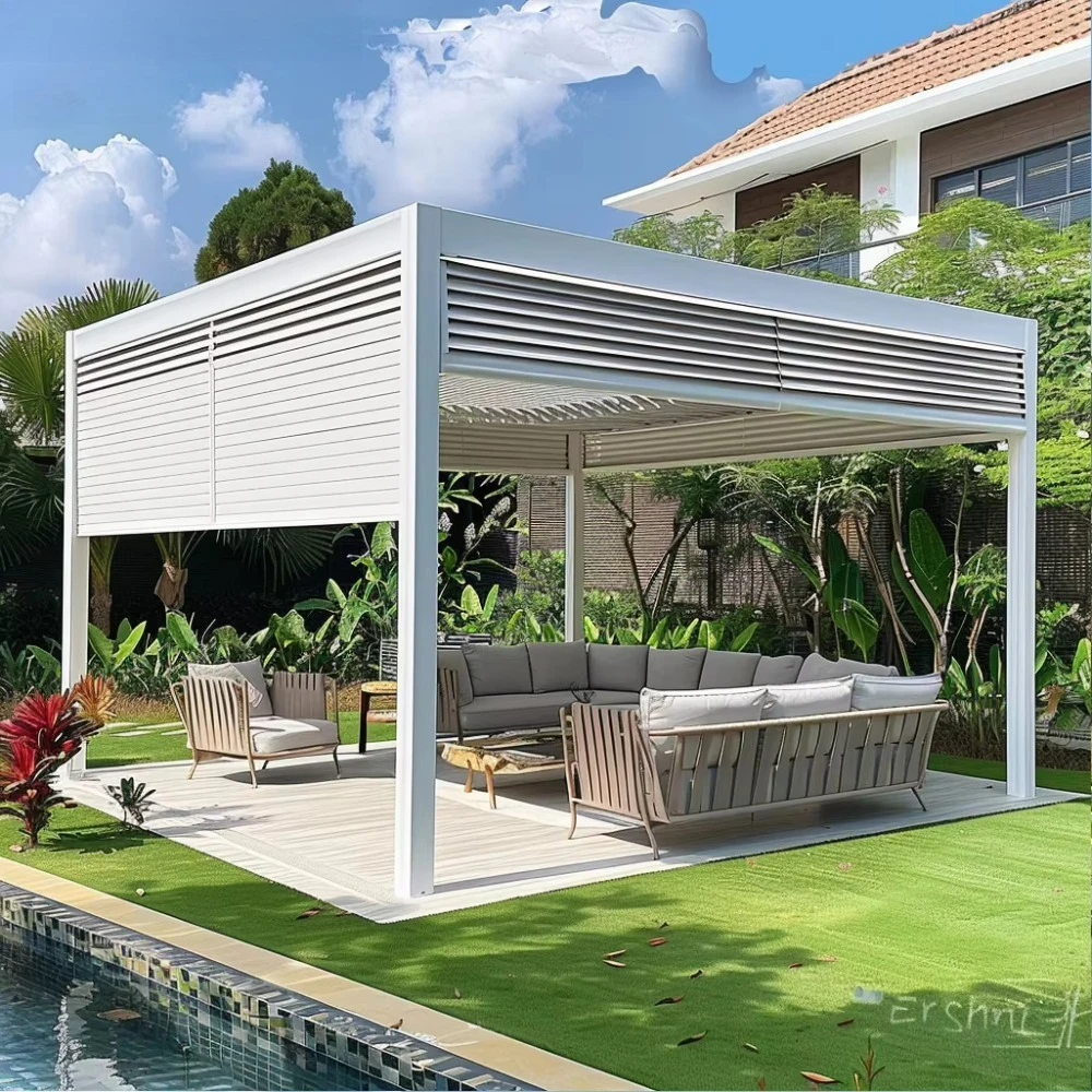 Luxury Bioclimatic Aluminum Gazebo, Motorized Louver Pergola, Waterproof Outdoor Pavilion for Backyard Garden Construction