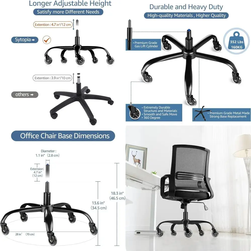 

Heavy-Duty Swivel Chair Base Repair Kit, 352LB Capacity, 5 Premium Casters, 1 Gas Lift Cylinder, Matte Black