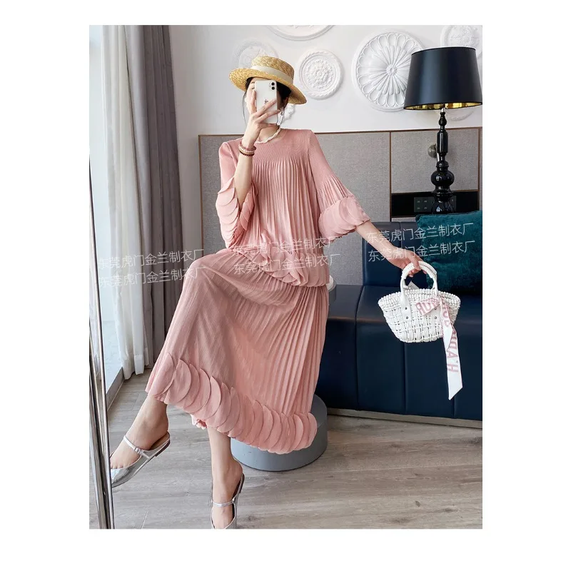 GGHK Pleated Women Suit Round Neck Long Sleeve T-shirt High Waist Casual Retro A-line Skirt 2024 Spring Fall New Two-piece Set