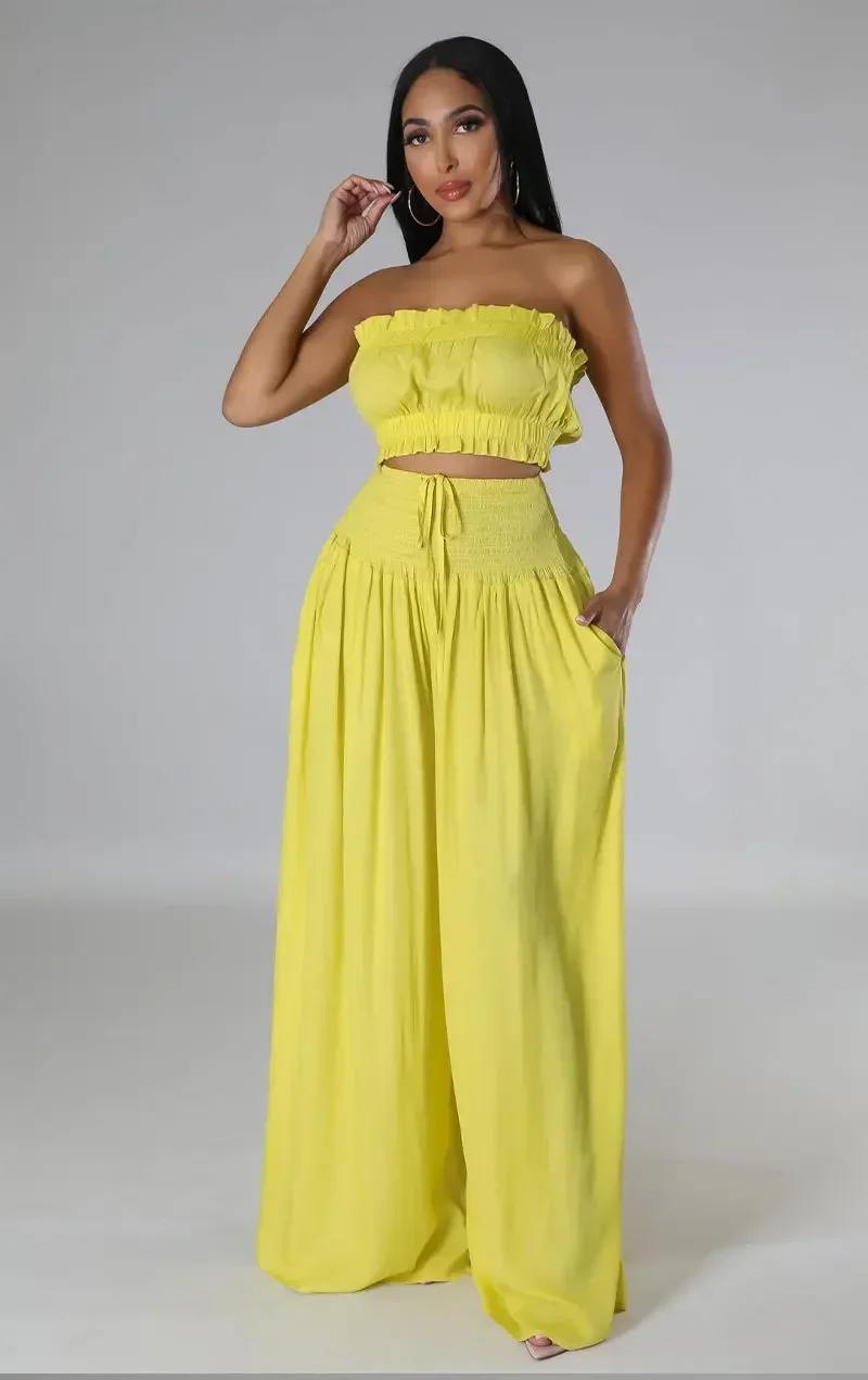 

GUWU Fashion Women's Set Strapless Crop Top and High Waist Wide Leg Loose Pants Beach Two 2 Piece Set Summer Tracksuit