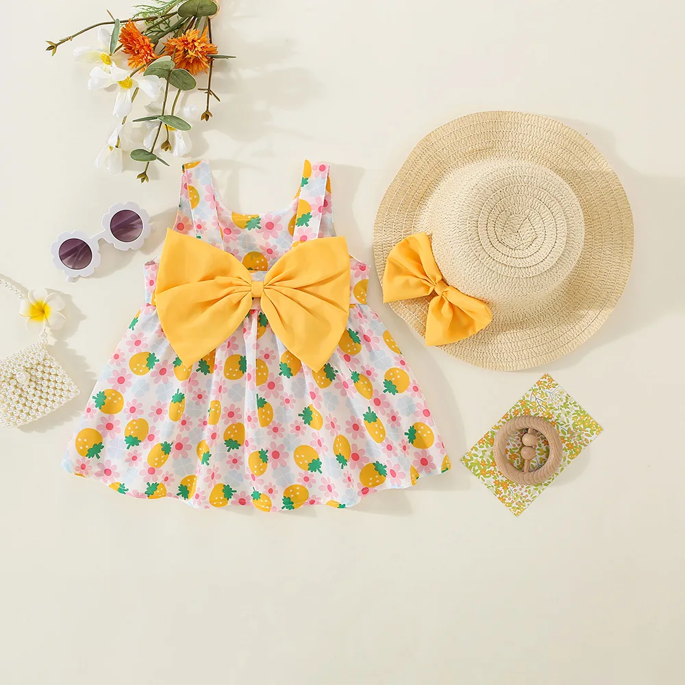 Send A Hat Summer Fashion Lovely Yellow Big Bow Baby Girl Vocation Suspender Dress Toddler Breathable Strawberry Beach Dress