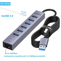 FORIDA 8-IN-1 Aluminum 120CM Cable USB HUB 3.0 5Gbps 1000Mbps RJ45 USB A 3.0 5V Power Splitter for Desktop Laptop MacBook
