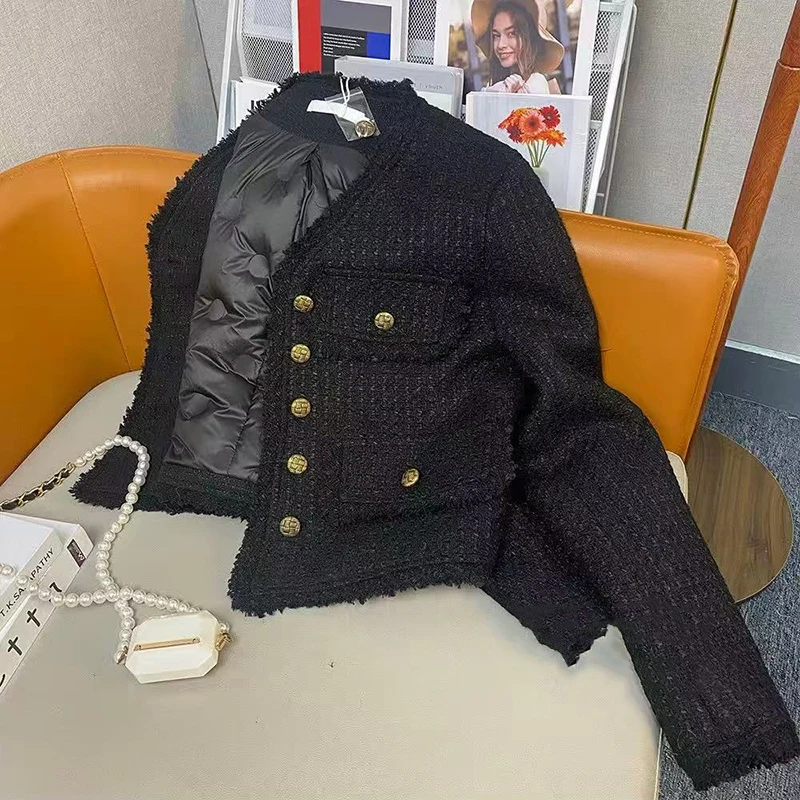 

Черные твидовые пальто женские Y2K зимние толстые теплые свободные укороченные куртки с круглым вырезом модная уличная одежда однобортная смешанная повседневная верхняя одежда