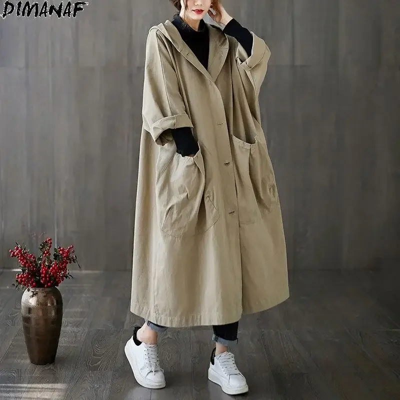 DIMANAF Plus Size Women Jacket Coat Outwear Hooded Button Pockets Cardigan Female Clothing Loose Oversize Autumn Thin Overcoat