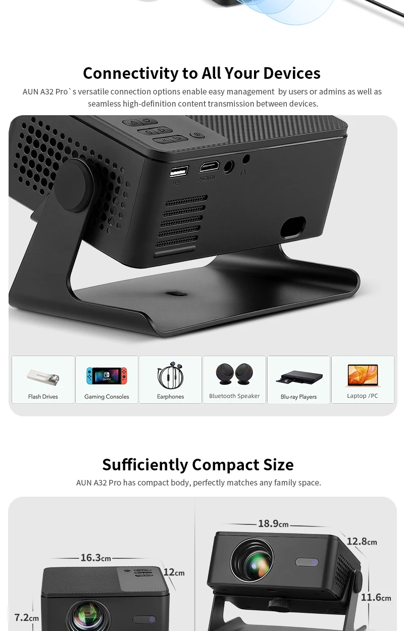 AUN A32 Pro Android 14 Projektor Tragbares Heimkino MINI LED-Projektor 3D WIFI für Telefon Computer 4K Video 1080P Film – Detail 10
