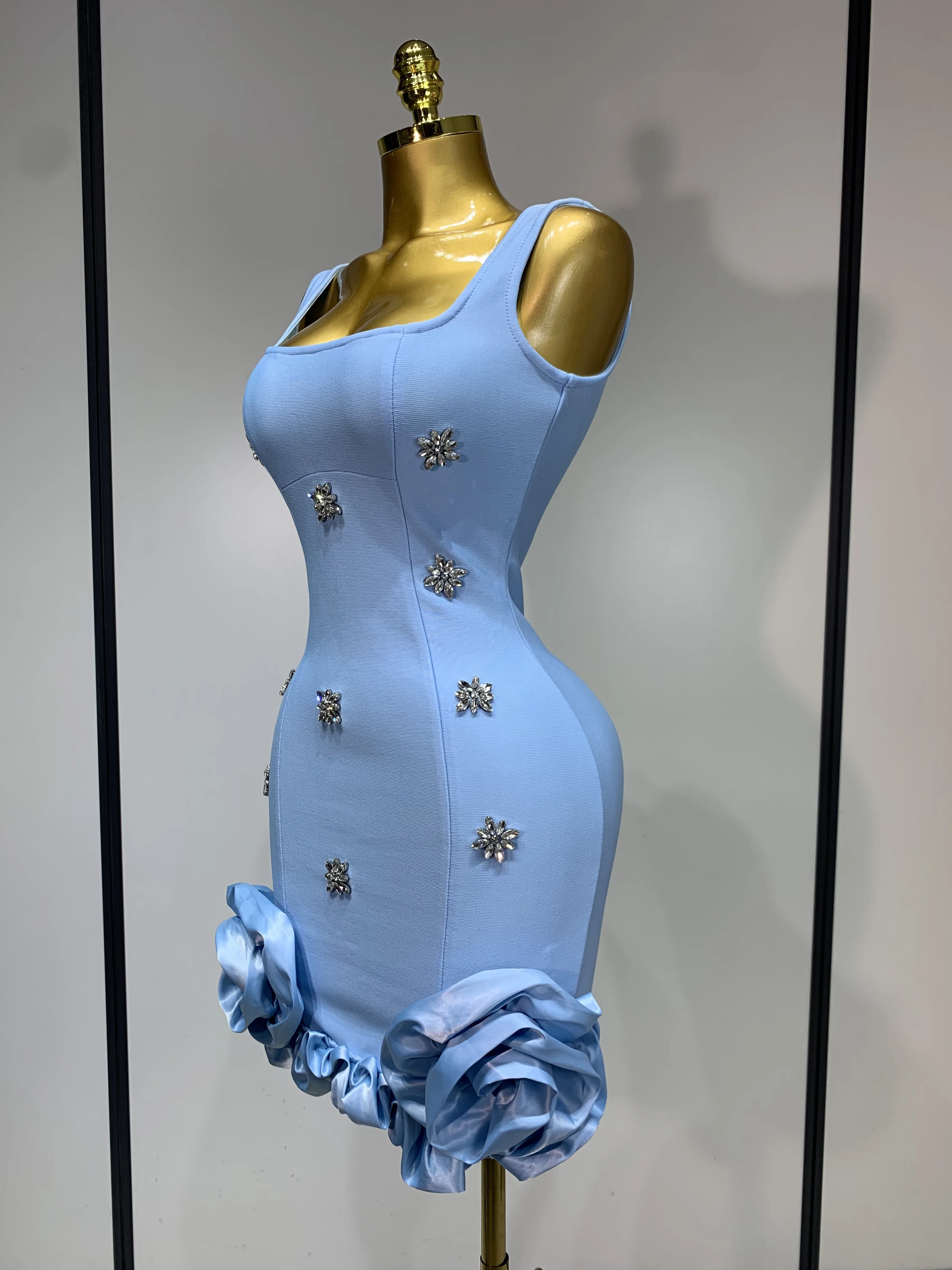 Women Sexy Square Collar Sparkly Rhinestone Bodycon Mini Bandage Dress Celebrate Evening Party Elegant Luxury Birthday Dress